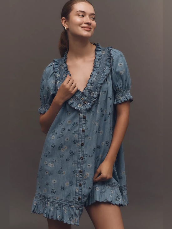 Anthropologie Dresses & Skirts - ANTHROPOLOGIE | PILCRO FLORAL PUFF SLEEVE RUFFLED V-NECK SWING MINI DRESS LARGE